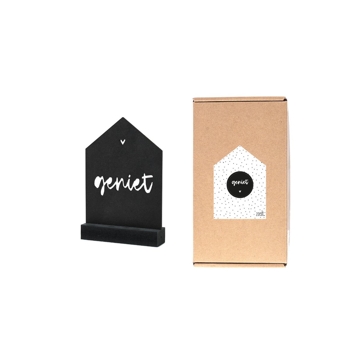 Cadeaupakket Zwart Houten Huisje met tekst 'Geniet' - Zoedt